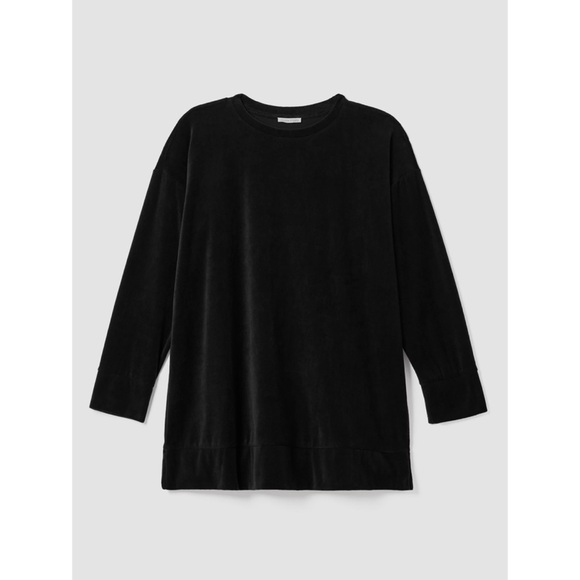 Eileen Fisher Cotton Velour Crew Neck Long Top Boxy Fit Black Sz Medium - Picture 5 of 8